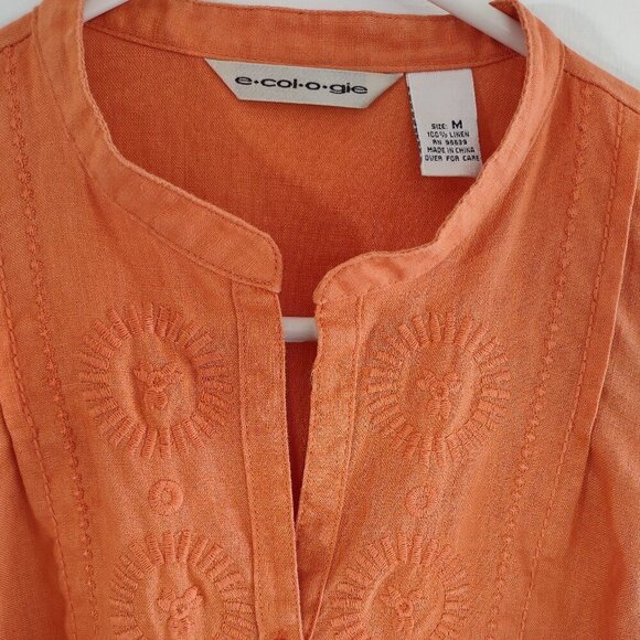 ecologie Embroidered Linen Blouse 3/4 Sleeve V-Neck Burnt Orange Size Medium - Picture 6 of 8